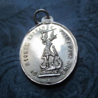 St Michael Archangel SOLID SILVER Antique Religious Medal Catholic