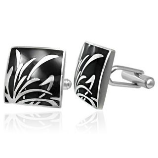 New Mens Cuff Links Stainless Steel w Silver Black Design Square with