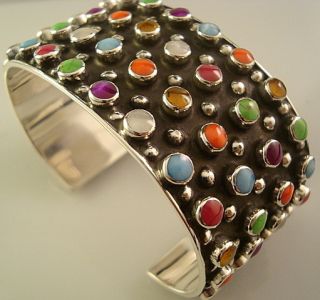 TAXCO MEXICAN STERLING SILVER MULTI INLAY BEADED BEAD CUFF BRACELET