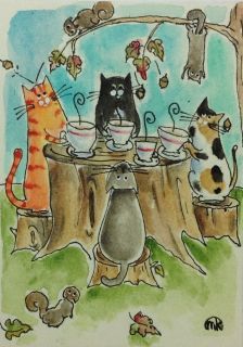 cat squirrel acorn tea party folk art watercolor ACEO original