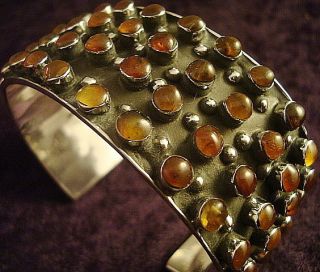 Taxco Mexican Sterling Silver Beaded Bead Amber Cuff Bracelet Mexico