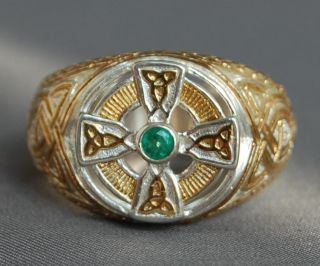 Estate Mens Emerald Celtic Cross Vermeil Ring 11 5 13 13 5 14