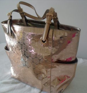 Michael Kors Rose Gold Metallic Mirrored MK Monogram Leather Tote Bag