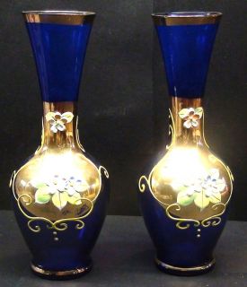 Cobalt Blue Glass Vase w Gold and Hand Painted Porcelain Flowers WOW