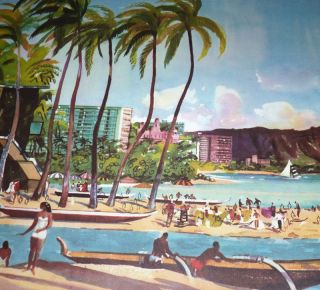 Vtg United Airlines Millard Hawaii Waikiki Beach Print