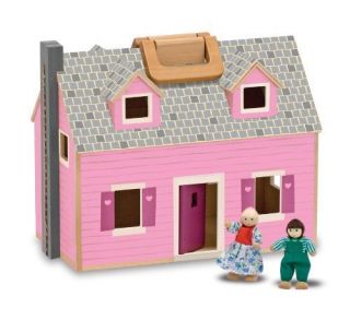Melissa & Doug Fold and Go Mini Dollhouse Wooden w/2 figures & 11 pc