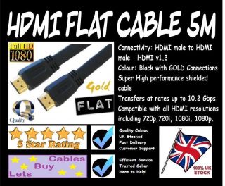 5m Flat Gold High Quality HDMI Cable Black Lead Wire 1080p   HMDI
