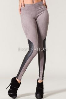 Faux Suede Leather Black Grey Contrast Milk Leggings Club Fashion poly