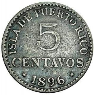PUERTO RICO 5 CENTAVOS 1896 Silver VF  ALFONSO XIII 