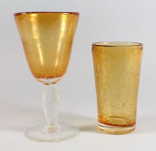 DESIGNER Clear Amber Glass Pocket Bubble Details Wine Glasses Tumblers