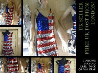 LADIES CUTE USA AMERICAN FLAG SEQUIN BLING PARTY SEXY DRESS FANCY