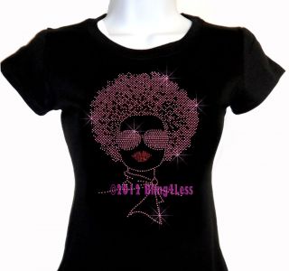Lady with Afro   PINK   Rhinestone Iron on T Shirt   Pick Size S 3XL