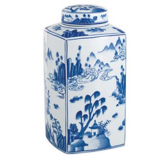ANDREA BY SADEK 16 Porcelain Blue & White Square Covered Jar / Vase