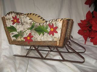 VTG Natural BIRCH SLEIGH SLED w/ Metal Runners Leather Stripping Hand
