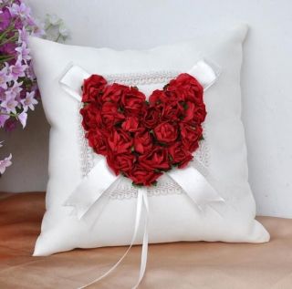 Ivory Red Rose Heart shape Wedding Ceremony Satin Ring Bearer Pillow