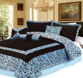 7PC Blue Safarina Animal Print Faux Fur Comforter Set KING/QUEEN *Free