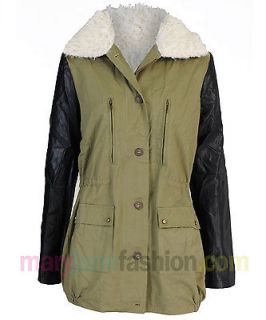 Khaki Contrast Faux Leather Sleeves Fur Lined Jacket Coat Parka 8 14