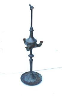 ANTIQUE 19th C. BRASS / BRONZE WHALE OIL LAMP, 3 LIGHT; 17 height, 5