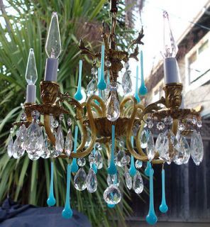 Vintage Gilt bronze Brass hanging lamp chandelier Vintage Blue