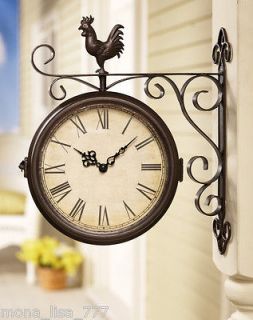 NEW OUTDOOR METAL CLOCK WITH COUNTRY ROOSTER DOUBLE SIDED GARDEN SHED