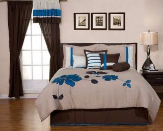 7pcs Blue Brown Applique Flower Comforter Set Bed in a bag Full
