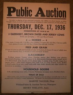 1936 PUBLIC AUCTION POSTER COWS HORSES MACHINERY BELOIT WI GUERNSEY