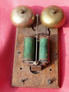 Vintage TELEPHONE CLAPPER RINGER Two Brass Bells & Coil On Wood