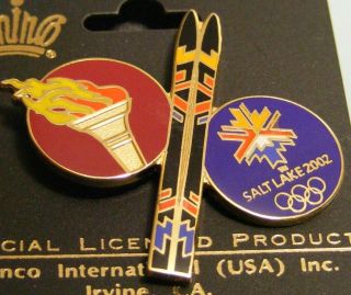 SALT LAKE CITY 2002 Olympics Olympic Torch with Skis Pin   RARE