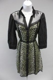 TOM K NGUYEN Black 3/4 Sleeve Leopard Print Lace Trim Tunic Top Sz 6