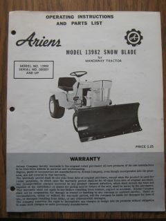 Ariens Snow Blade Manorway Parts List & Operator Manual