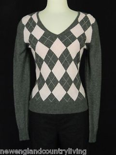 APT. 9 100% Cashmere Sweater Sz S Gray/Pink Argyle Pattern V Neck