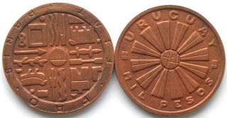 Uruguay 1969 Medal Rotation 1000 Pesos Bronze Coin,UNC