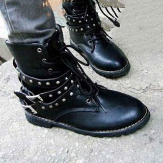 Fashion Womens Combat Round Toe Low Heel Military Lace Up Mid Calf
