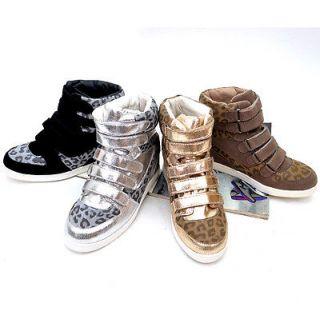 Womens Leopard Print Velcro Strap High Top Wedge Sneakers / Ladies