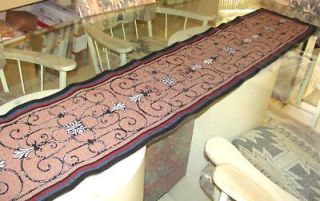 TAN SCROLL TAPESTRY 117 x 13 TABLE RUNNER, MANTLE SCARF, bed scarf