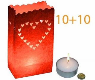 10+10 Red Love Hearts Paper Bag Lanterns + Giant Tea Light Candle