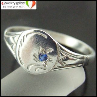 STERLING SILVER BABY CHILDS BLUE SAPPHIRE ENGRAVED SIGNET RING i 4