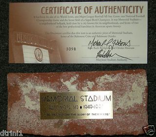 Baltimore Colts Memorial Stadium Authentic Brick w/ #d Certificate