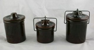 Small Brown Stoneware Crocks W Lids 2 With Wire Bales Canning j4P49