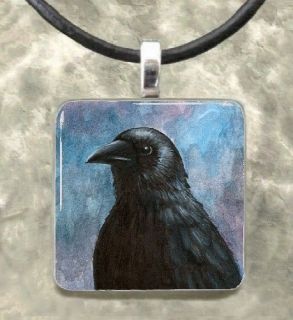Bird 59 Crow Raven Handmade Glass Pendant Necklace Square 1x1 from art