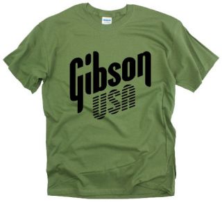 New Gibson USA rock band retro guitar bass Army Green t shirt