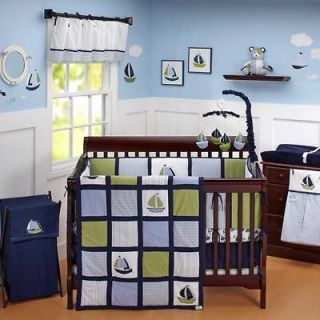 Sailboat Blue and Green Baby Boy Infant 6pc Nursery Crib Bedding Set