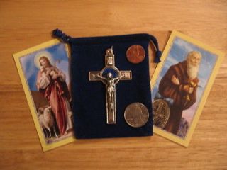 St. Benedict Silver Plate & Blue Enamel Cross Crucifix, 3 Inch