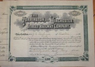 1897 Trolley Stock Certificate Torrington & Winchester Street Railway