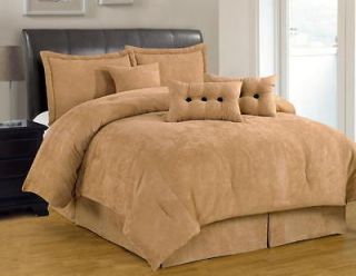 Solid Tan Beige Comforter Set Micro Suede Cal King Size Bed in Bag New