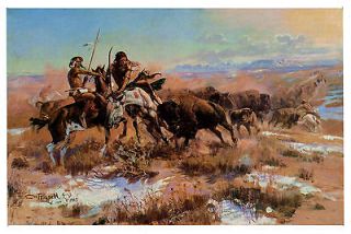 1909 Charles M Russell Painting Wild West, Indians Buffalo, Western
