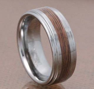 Tungsten Carbide Wood Strip Inlay Bevel Edge Band Mens Wedding Ring