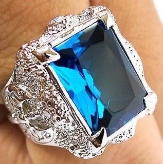 BIG BLUE TOPAZ DRAGON CLAW AXE SILVER PLATED RING 9.5