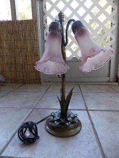Tiffany Style Pink Lily Blown Glass 2 Shade Table Lamp, WORKS