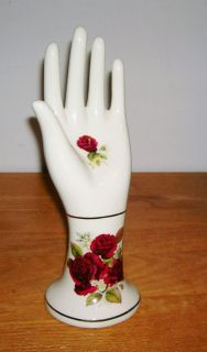 White Porcelain Red Rose Floral Hand Jewelry Ring Holder Display